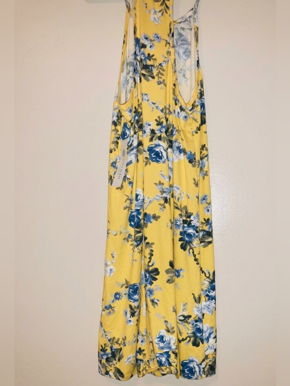 NWT French Grey Brushed Knit Yellow Maxi Dress with Blue Floral Print S - Picture 6 of 7